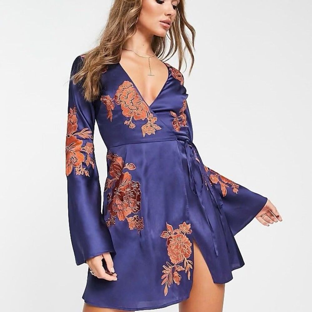 ASOS Design Embroidered Wrap Dress Size 10 Women’s Blue Mini Floral Flare Sleeve